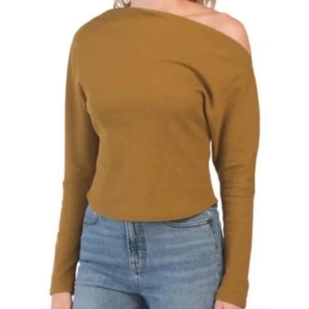House of Harlow 1960 Off Shoulder Long Sleeve Waffle Knit Top Pullover Size M‎